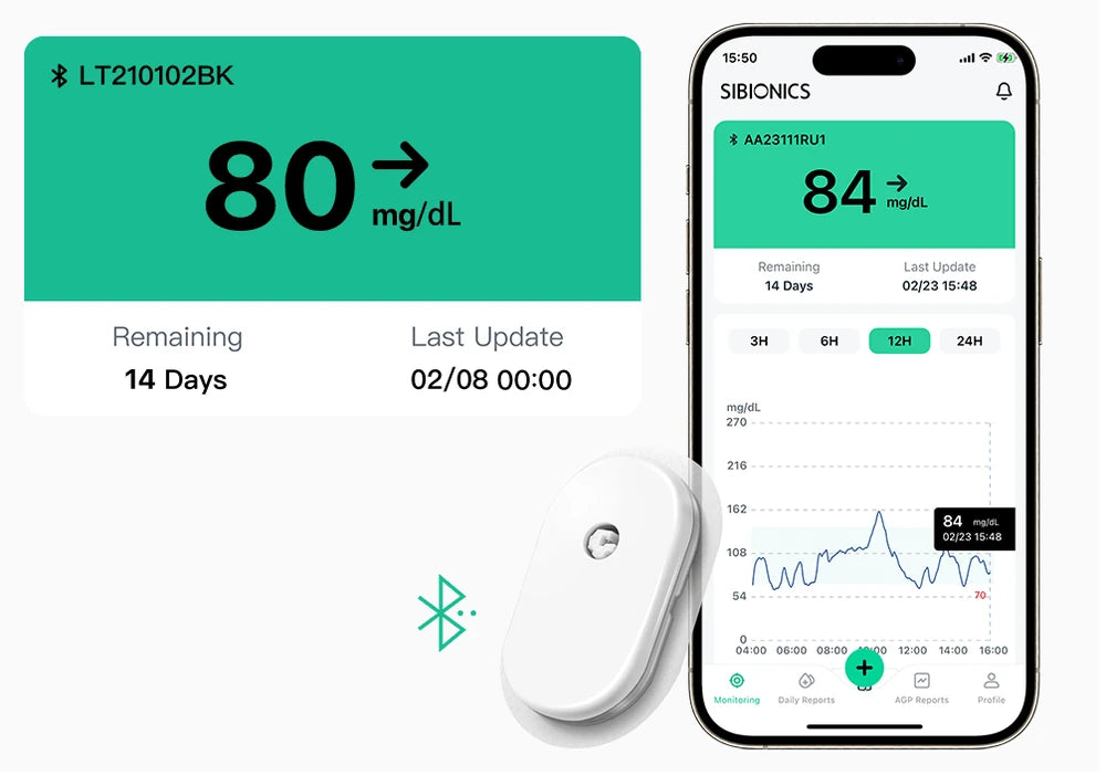 SIBIONICS app main screen with glucose reading
