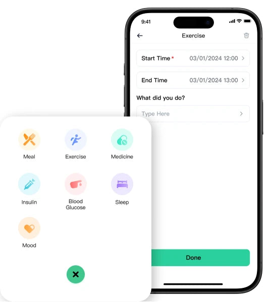 Event logging in the app: meal, exercise, medicine, insulin, blood glucose, sleep, mood