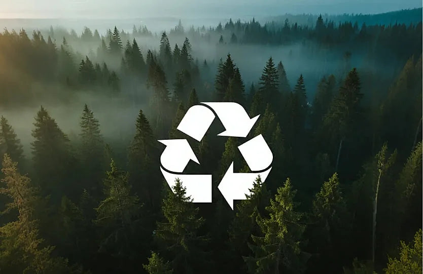 Recycling symbol over a misty forest